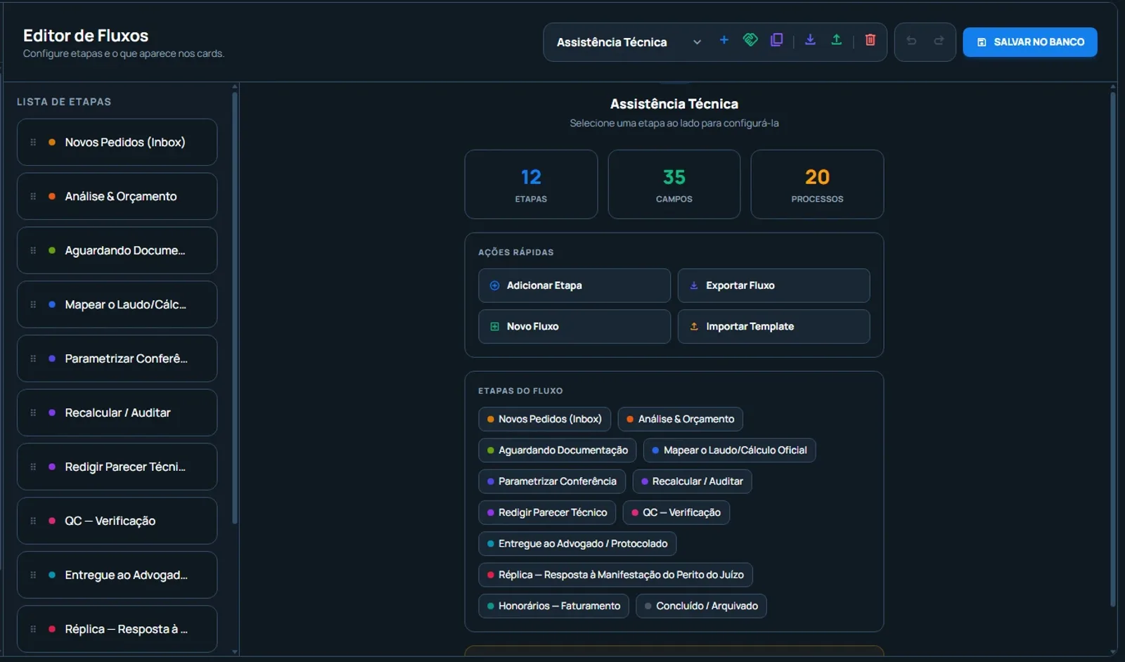 Editor de Fluxos configurando as etapas do fluxo de Assistência Técnica no Fluxo Pericial