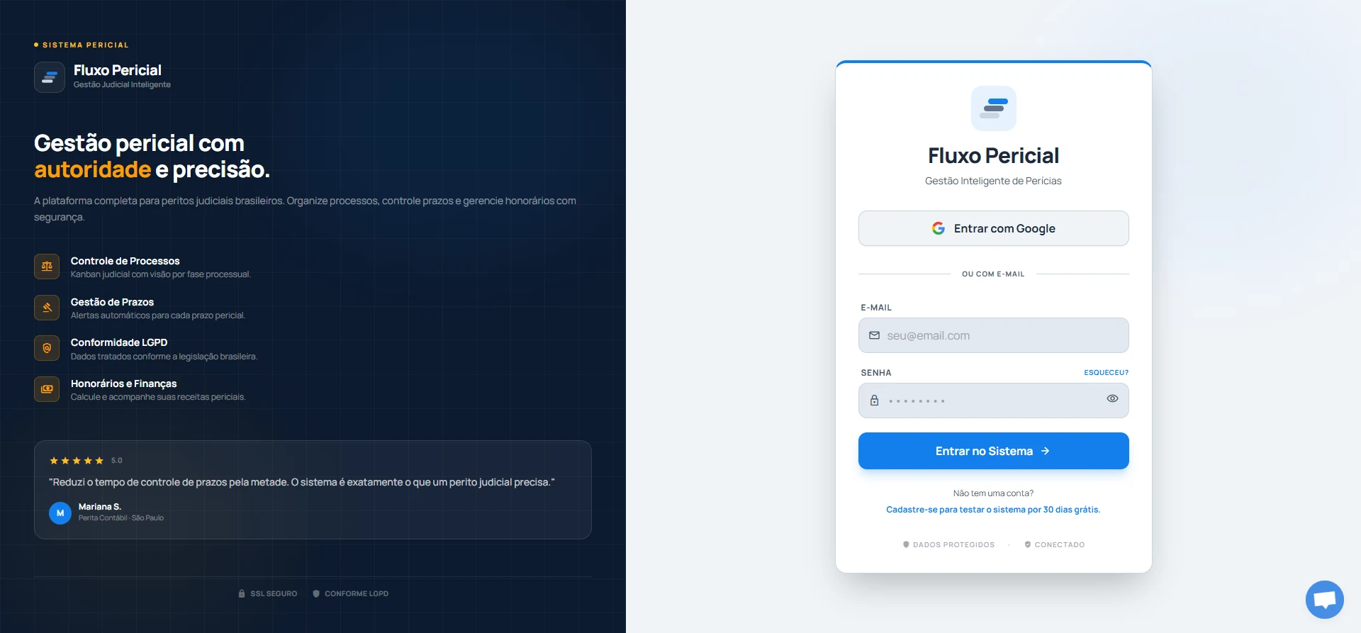 Tela de login do Fluxo Pericial