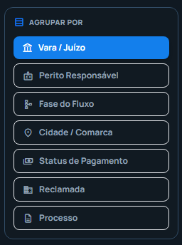 Filtro Agrupar por com opções Vara, Perito Responsável, Fase do Fluxo, Cidade, Status de Pagamento, Reclamada e Processo