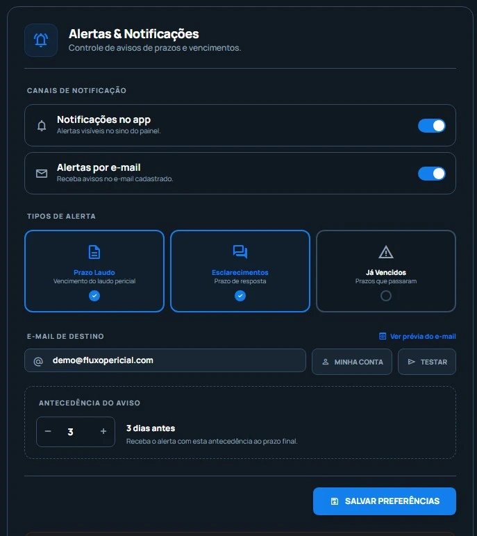 Como Configurar Alertas & Notificações no Fluxo Pericial