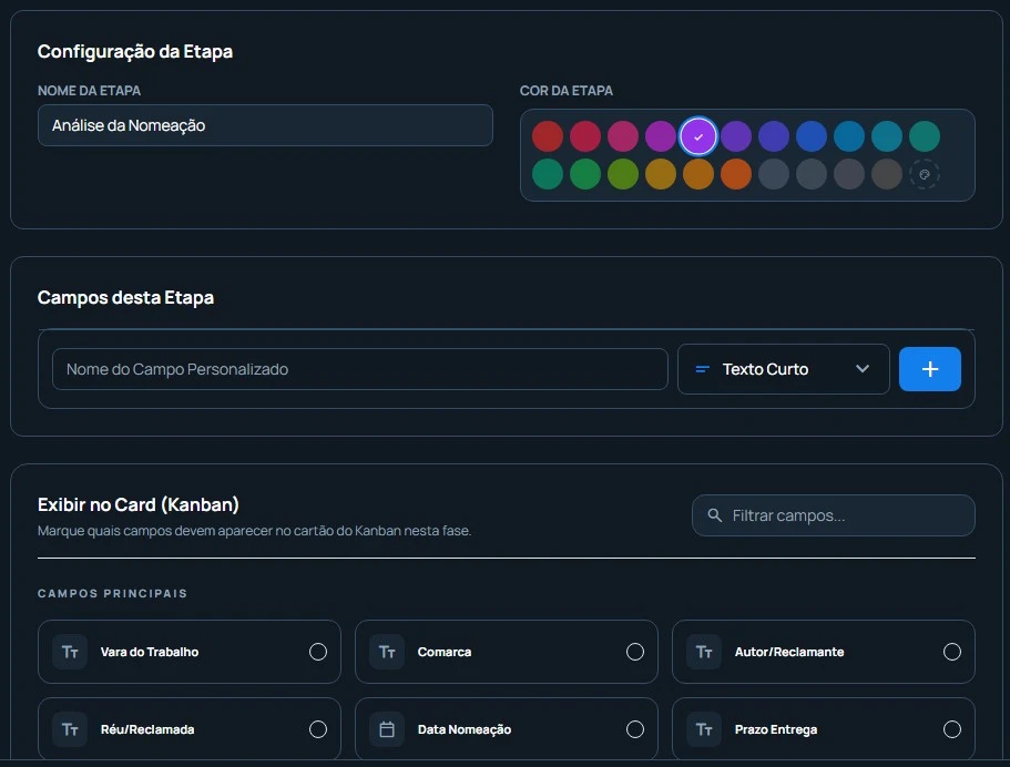 Painel de configuração da etapa com nome, cores e campos