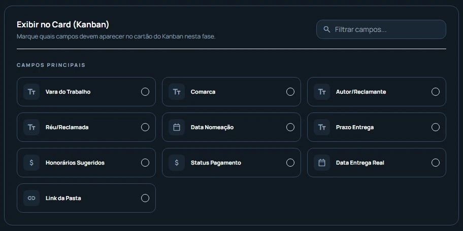 Seção Exibir no Card com campos principais disponíveis para ativação