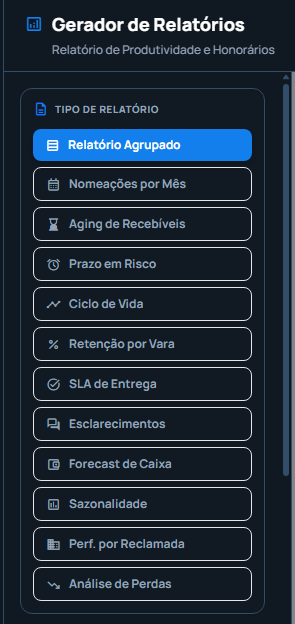 Painel lateral do Gerador de Relatórios com a lista de tipos disponíveis